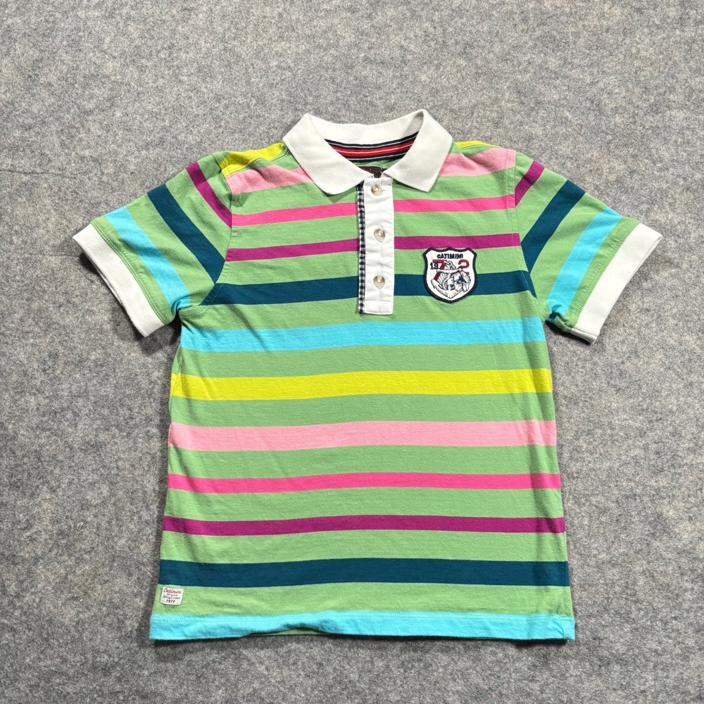 Catimini Shirt Kids 10 Green Multi Stripe South Seas Graphic Short Sleeve Polo